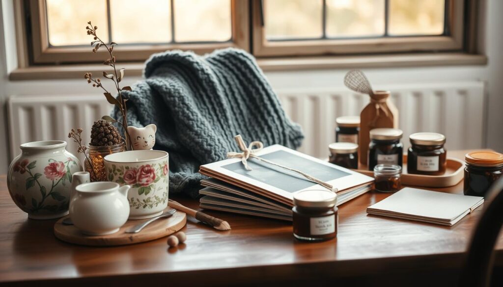 A cozy, rustic-inspired scene showcasing an elegant yet heartfelt array of Mother's Day gift ideas. In the foreground, a tastefully arranged composition of handcrafted items, such as a beautifully painted ceramic vase, a delicate floral-scented candle, and a thoughtfully assembled photo album. The middle ground features a neatly folded knitted throw and a collection of artisanal jams and preserves, all resting on a polished wooden table. The background sets the mood with a warm, natural lighting filtering through a large window, casting a soft glow on the scene. The overall atmosphere evokes a sense of timeless charm and lasting appreciation.