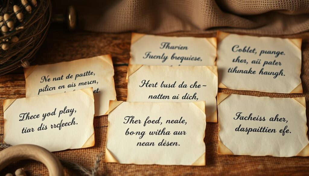 A cozy, rustic scene featuring a collection of short, pithy phrases handwritten in calligraphy on vintage-style parchment or notecards. The phrases are elegantly displayed against a warm, textured background, perhaps with a wooden surface or a soft, neutral fabric. Muted, natural lighting casts a gentle glow, creating a sense of tranquility and thoughtfulness. The overall composition is balanced and visually appealing, with the focus on the concise, inspirational words that convey the essence of the "Kurze und prägnante Sprüche" section.
