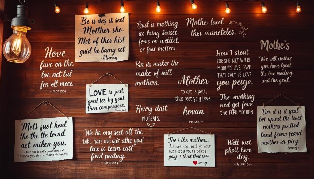 A cozy, rustic scene featuring an arrangement of handwritten quotes and heartfelt messages about mothers and their wisdom, beautifully displayed on a wooden background. Soft, warm lighting illuminates the scene, casting a sentimental and nostalgic atmosphere. The quotes are expertly calligraphed, with each one showcasing a unique and personal style. The layout is visually appealing, with the quotes organically placed to create a harmonious and balanced composition. The overall effect is a timeless, charming tribute to the profound influence and enduring love of mothers.