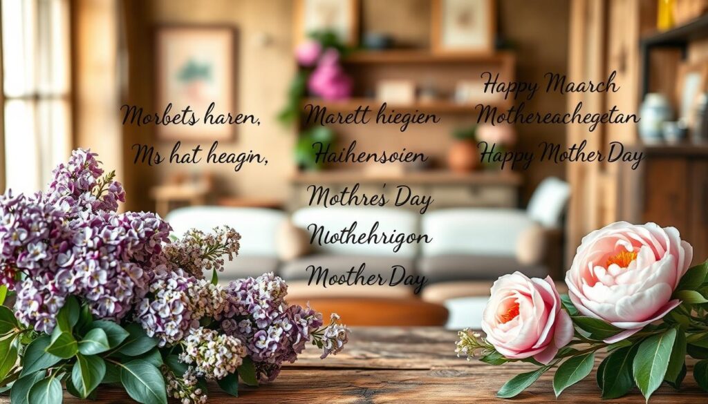A cozy, rustic scene featuring traditional German Mother's Day phrases handwritten in elegant calligraphy against a warm, earthy backdrop. The foreground showcases a serene composition of delicate floral arrangements, such as fragrant lilacs and vibrant peonies, complemented by a soothing natural palette of muted greens, browns, and blues. The middle ground features a weathered wooden surface, perhaps a vintage table or bench, upon which the calligraphed phrases are displayed in a harmonious layout. The background suggests a quaint interior setting, with hints of natural light filtering through a window or doorway, casting a soft, inviting glow over the entire scene. The overall mood is one of heartfelt sentimentality, capturing the timeless essence of Mother's Day traditions.