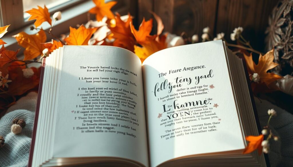 A cozy, rustic scene with an open book showcasing elegant hand-lettered typography against a backdrop of warm autumn leaves and wooden textures. Soft, diffused natural lighting filters through the scene, creating a serene and contemplative ambiance. The book's pages are gently turned, revealing thoughtful, inspirational text that seems to guide the viewer towards the perfect message. Delicate floral accents and subtle textures add depth and dimension, while the overall composition evokes a sense of intentionality and reflection, inviting the viewer to discover the ideal words for their special occasion.
