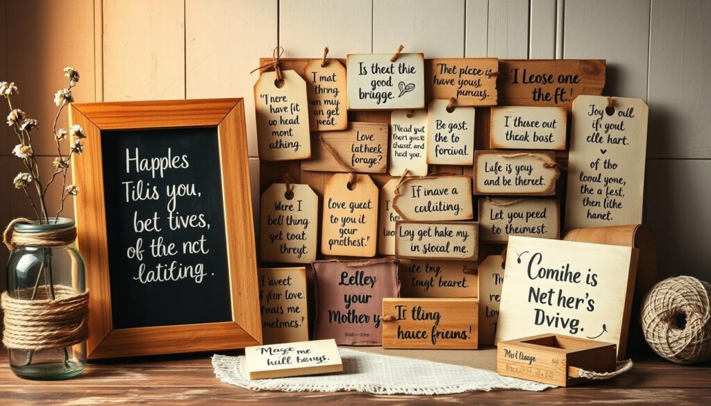 A cozy, rustic still life featuring an assortment of handwritten inspirational quotes and phrases on various handcrafted materials. In the foreground, a wooden frame with a glass window houses a chalkboard-style quote, flanked by a pair of twine-wrapped glass jars filled with floral stems. The middle ground showcases a collage of paper tags, wooden blocks, and fabric scraps, each bearing a unique motivational message in a variety of calligraphic styles. In the background, a soft, warm lighting casts a gentle glow, highlighting the natural textures and creating an intimate, homespun atmosphere perfect for a personalized Mother's Day gift.
