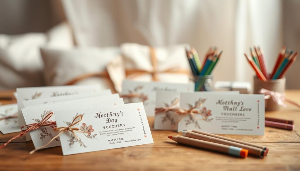 A cozy scene of personalized gift vouchers, handcrafted with love. In the foreground, an assortment of delicate, artfully designed vouchers in muted tones, accented with subtle floral patterns and heartfelt messages. In the middle ground, a wooden table holds an array of craft supplies - colored pencils, markers, and calligraphy pens, inviting the viewer to create their own unique gift. The background features a soft, blurred backdrop, evoking a sense of warm, intimate atmosphere, perfect for a Mother's Day celebration. Gentle, natural lighting casts a gentle glow, emphasizing the handmade, personalized nature of the scene. The overall mood is one of thoughtfulness, creativity, and the joy of sharing meaningful experiences.