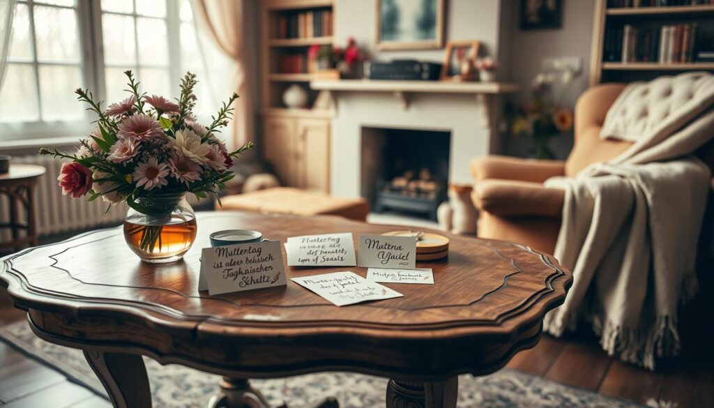 A cozy, softly lit interior scene with an ornate wooden table in the foreground. Atop the table, a bouquet of fresh flowers, a cup of tea, and a collection of handwritten notes in elegant calligraphy. The notes display traditional German Mother's Day phrases like "Muttertag ist der schönste Tag des Jahres" and "Mama, du bist mein größter Schatz". The background features a warm, inviting living room with a fireplace, bookshelves, and a soft throw blanket draped over a comfortable armchair. Muted natural lighting filters in through lace-curtained windows, creating a serene and nostalgic atmosphere.