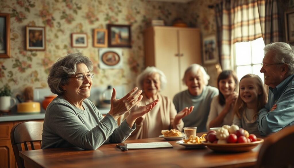 A cozy, softly lit kitchen scene with a smiling mother figure telling humorous stories to her gathered family. In the foreground, the mother sits at a wooden table, gesturing animatedly as she shares a comical anecdote. Behind her, a cheerful group of children and grandparents listen intently, expressions filled with mirth. The background features warm, muted tones, with a vintage-inspired floral wallpaper and a few framed family photos on the walls. Gentle, natural lighting filters in through a nearby window, casting a soothing glow over the intimate gathering. The overall mood is one of familial warmth, laughter, and the cherished traditions of Mother's Day celebrations.