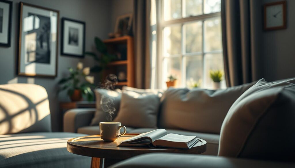 A cozy, softly-lit living room setting, with a large, comfortable sofa in the foreground. Framed artwork and decorative plants add warmth and a personal touch to the scene. In the middle ground, a cup of steaming tea or coffee sits on a wooden side table, next to a journal or book. The background features a window, allowing natural light to filter in and creating a tranquil, introspective atmosphere. The overall mood is one of thoughtful reflection, with an element of whimsical charm and emotional resonance, capturing the essence of "emotionale Sprüche" that could be featured in the article section.