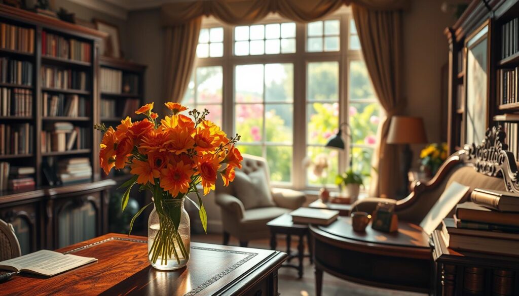 A cozy, softly lit study filled with delicate, hand-written poems and quotations about motherhood. In the foreground, a vase of vibrant spring flowers rests on an ornate wooden desk, casting a warm, golden glow. The middle ground features a plush armchair and a bookshelf overflowing with tomes on poetry and literature. In the background, a large window overlooks a lush, blooming garden, filling the space with natural light and a sense of tranquility. The overall atmosphere evokes a serene, contemplative mood, befitting the thoughtful themes of Mother's Day poetry.