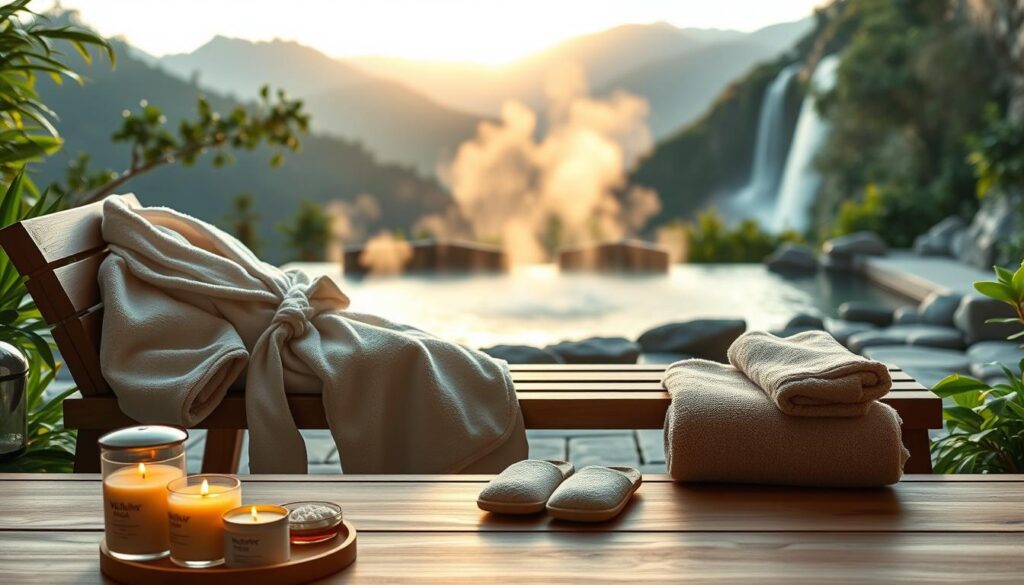 A cozy spa-like setting, a plush bathrobe and slippers resting on a wooden bench, surrounded by lush greenery and soft lighting. In the foreground, an array of wellness products like scented candles, bath salts, and a towel folded neatly. The middle ground features a serene waterfall cascading into a natural pool, steam rising gently. The background showcases a picturesque mountain landscape, hazy with a warm, golden glow. This tranquil, inviting scene evokes a sense of relaxation and self-care, the perfect atmosphere for a wellness-themed gift.