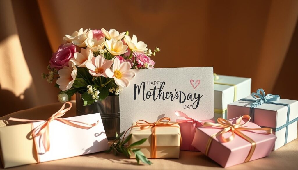 A cozy still life arrangement showcasing a variety of Mother's Day gifts, including a bouquet of fresh spring flowers, a handmade greeting card, and neatly wrapped present boxes in pastel colors. The composition is set against a warm, softly-lit backdrop, with gentle shadows and highlights that create a sense of depth and dimension. The overall mood is one of thoughtfulness, joy, and appreciation, inviting the viewer to imagine the heartfelt moment of presentation. The image is captured from a slightly elevated angle, allowing the various elements to be clearly visible and harmoniously arranged.