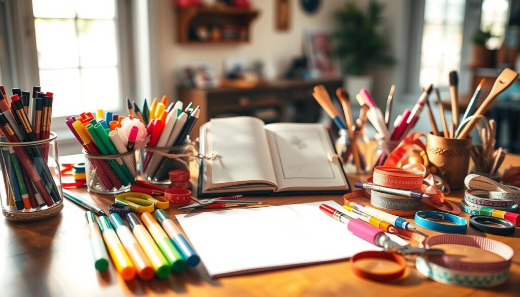 A cozy still life of various DIY craft supplies arranged on a wooden table, bathed in warm, natural lighting. In the foreground, an assortment of colorful markers, glue sticks, scissors, and decorative ribbons and trims. In the middle ground, an open sketchbook with a half-finished handmade card or gift, surrounded by acrylic paints, paintbrushes, and other creative tools. In the background, a soft, blurred view of a bright window, hinting at a cheerful, crafty atmosphere. The overall scene evokes a sense of homespun creativity, inspiration, and the joyful preparation for a special occasion like Mother's Day.