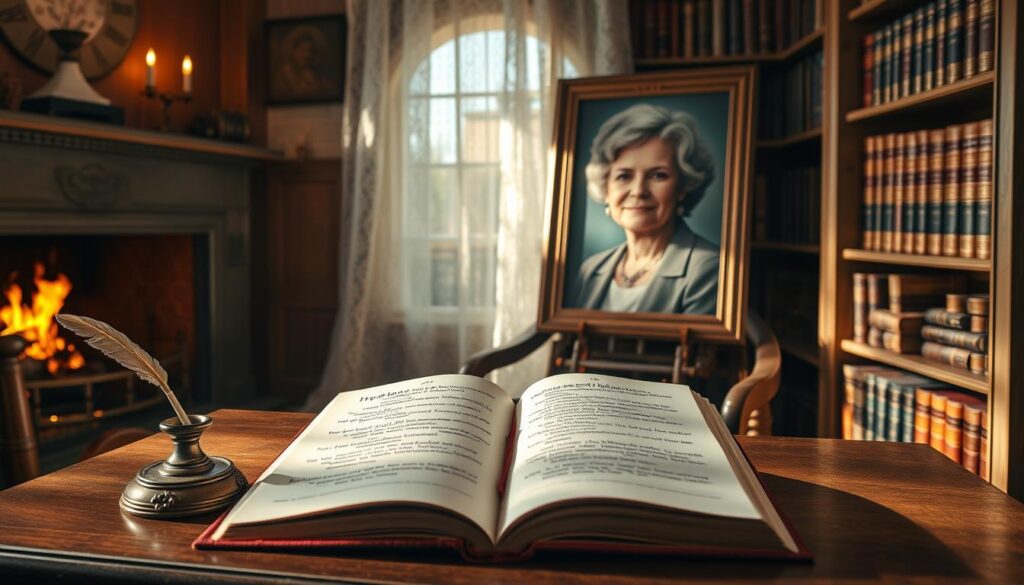 A cozy study filled with warmth and wisdom, a fireplace crackles in the background casting a gentle glow. On a wooden desk, a quill and inkwell stand beside an open book, its pages adorned with heartfelt words of encouragement and motherly advice. Sunlight filters through lace curtains, illuminating a framed portrait of a loving stepmother, her kind eyes and serene expression radiating maternal affection. Shelves of leather-bound volumes line the walls, hinting at a lifetime of experience and insights shared. The overall atmosphere is one of contemplation, understanding, and the timeless bond between a stepmother and her family.
