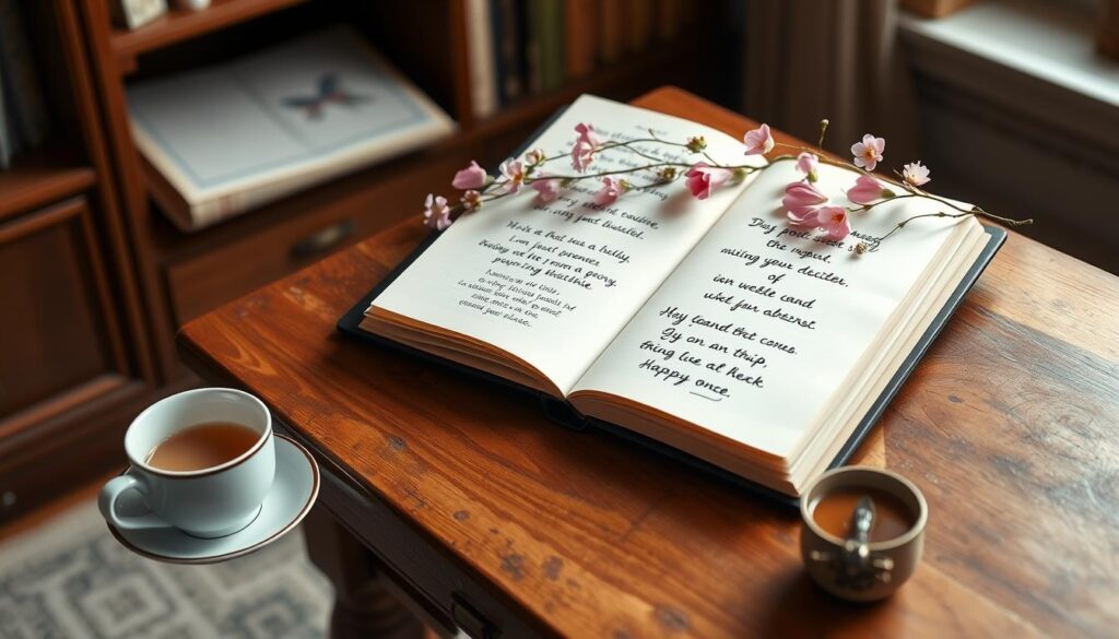 A cozy study room with soft lighting and warm wooden accents. On a sturdy desk, an open notebook displays a selection of handwritten motherly quotes, each crafted with care and thoughtfulness. The quotes are framed by a garland of delicate flowers, their petals adding a touch of elegance and sentiment. A vintage pen and a cup of tea sit nearby, suggesting a moment of contemplation and inspiration. The room exudes a sense of tranquility and personal reflection, inviting the viewer to explore the thoughtful process of choosing the perfect motherly message.