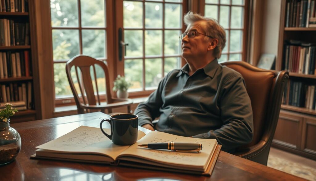 A cozy study setting with a wooden desk, bookshelves, and a window overlooking a lush garden. On the desk, an open notebook with handwritten notes and a vintage fountain pen. The lighting is warm and gentle, casting a soft glow throughout the room. A mug of steaming tea sits next to the notebook, adding to the contemplative atmosphere. In the foreground, a middle-aged person, dressed in casual yet refined attire, leans back in their chair, lost in thought as they ponder the words they are about to write - a heartfelt message for their beloved mother.