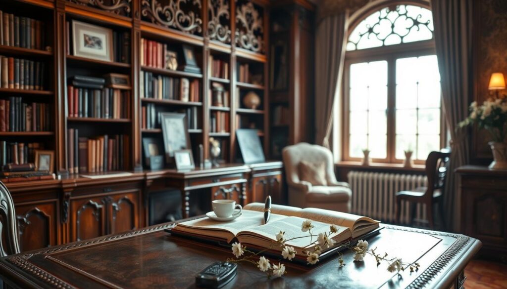 A cozy study with ornate wooden shelves, filled with neatly arranged books and decorative items. On a large, antique desk sits an open notebook, a fountain pen, and a cup of tea, creating a contemplative atmosphere. Soft, warm lighting filters in through a window, illuminating the scene. In the foreground, a pair of delicate floral arrangements sit on the desk, hinting at the theme of Mother's Day. The overall mood is one of refined elegance and quiet reflection, inspiring the viewer to thoughtfully choose the perfect Mother's Day sentiment.