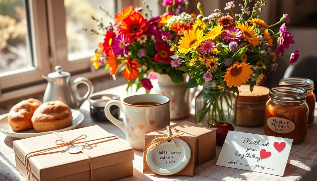 A cozy, sun-dappled breakfast table with a bouquet of vibrant wildflowers, a handmade ceramic mug filled with steaming coffee, and an assortment of delectable homemade pastries, muffins, and jams. In the foreground, an assortment of thoughtful, handcrafted gifts - a beautifully-wrapped box, a handprint ceramic keepsake, and a heartfelt card with a handwritten message. The scene is bathed in warm, soft lighting, creating a sense of intimacy and celebration, reflecting the joy and appreciation of Mothers' Day.
