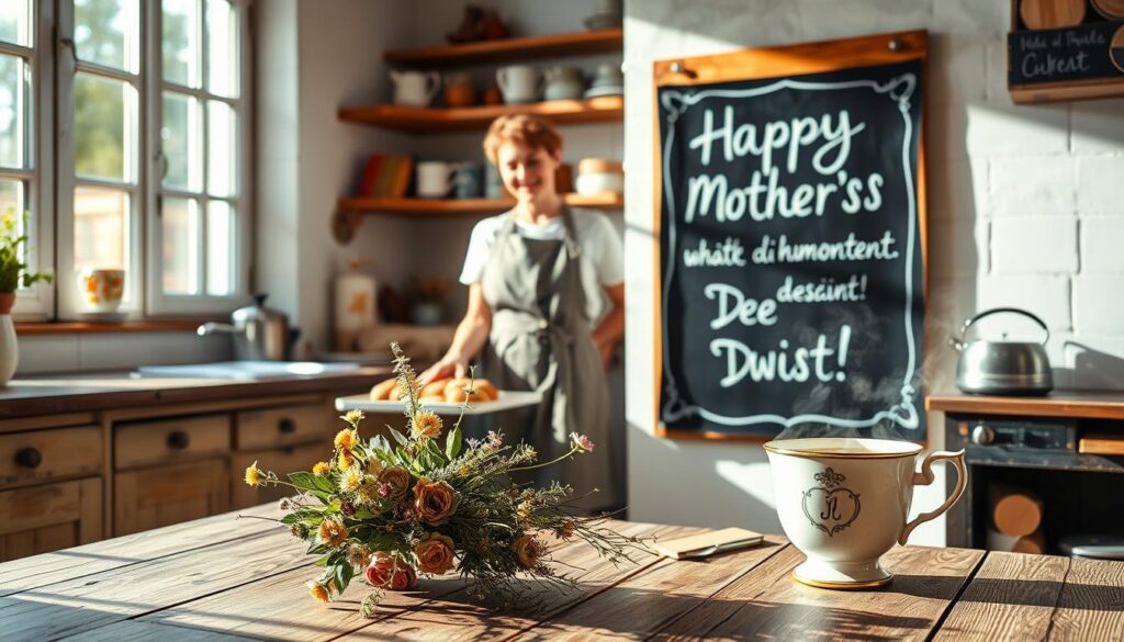 A cozy, sun-dappled kitchen scene with a handwritten chalkboard sign on the wall displaying a heartfelt, humorous "Happy Mother's Day" message. In the foreground, a bouquet of wildflowers and a vintage teacup filled with steaming tea sit on a rustic wooden table. The middle ground features a smiling mother figure in an apron, lovingly placing a tray of freshly baked pastries on the table. The background showcases a warm, inviting atmosphere with open shelves displaying mismatched mugs and cookbooks. The scene exudes a sense of comfort, appreciation, and a touch of playful charm, capturing the essence of the "Emotionale Sprüche mit einem humorvollen Twist" theme.