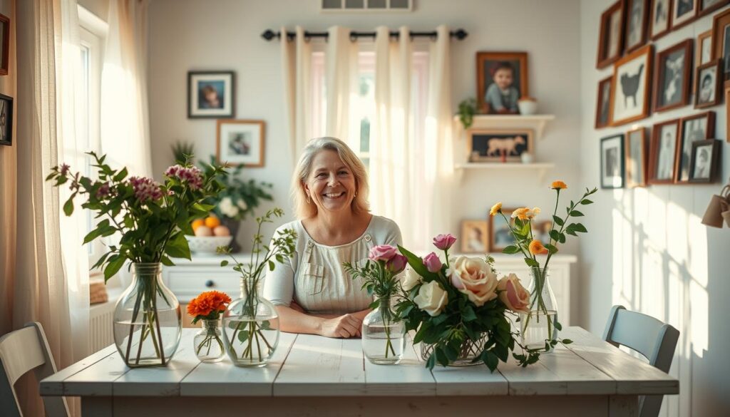 A cozy, sun-dappled kitchen scene with a whitewashed wooden table, where a cheerful mother figure in an apron sits, surrounded by lush greenery and vases of fresh flowers. Soft, warm lighting filters through sheer curtains, casting a gentle glow on the scene. The mother's expression is joyful and radiant, capturing the warm, nurturing essence of motherhood. The background features an array of framed artwork and family photos, conveying a sense of home and cherished memories. The overall atmosphere is one of comfort, love, and the simple pleasures of everyday life.