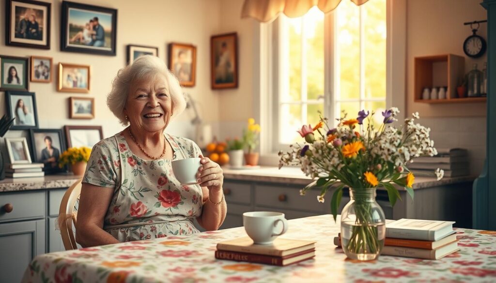 A cozy, sun-dappled kitchen with a cheerful floral tablecloth and a collection of framed family photos on the wall. In the foreground, an elderly woman in a floral apron sits at the table, holding a cup of tea and chuckling heartily, her eyes crinkled with mirth. The middle ground features a vase of fresh wildflowers and a stack of well-worn recipe books. The background showcases a charming garden view through a large window, bathed in warm, golden lighting. The overall mood is one of joyful nostalgia and the timeless comfort of a mother's love.