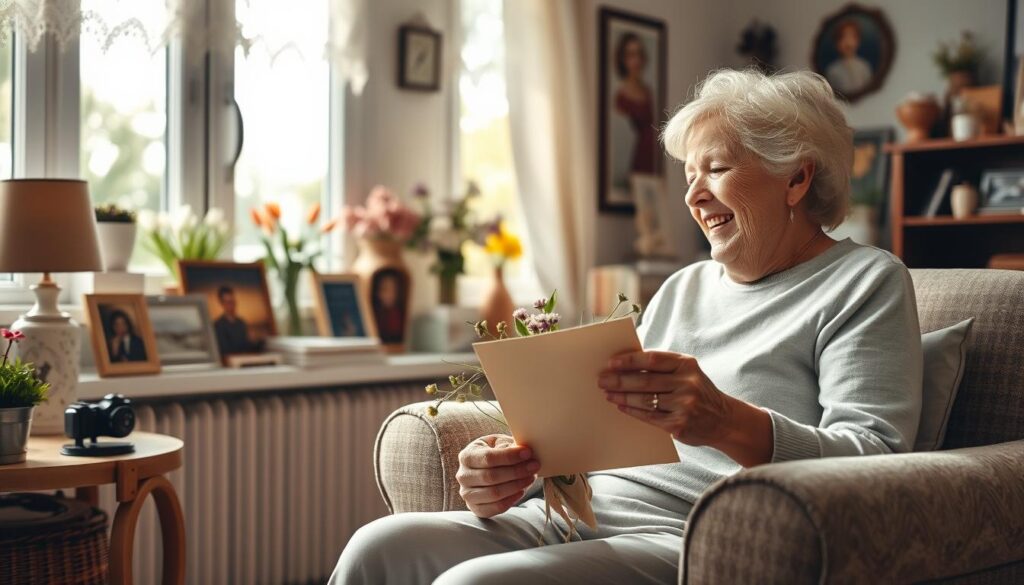 A cozy, sun-dappled living room on a warm spring day. In the foreground, an elderly woman sits in a comfortable armchair, gazing fondly at a handmade card and bouquet of wildflowers presented by a smiling young child - her beloved grandchild. The room is filled with personal mementos, family photos, and a sense of timeless, intergenerational connection. Soft, diffused light filters in through lace-curtained windows, creating a serene, intimate atmosphere. The woman's face radiates joy and contentment, her eyes sparkling with the knowledge that this Muttertag celebration will be one to cherish forever.