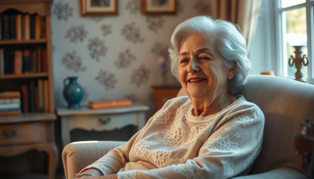 A cozy, sun-dappled scene depicting a wise, smiling grandmother seated in a comfortable armchair, surrounded by whimsical floral patterns and delicate lace details that evoke a sense of timeless elegance. Soft, warm lighting illuminates her serene expression, conveying a deep well of life experience and loving kindness. In the background, a tasteful bookshelf and antique side table create a charming, homely atmosphere, hinting at the grandmother's rich inner world and the treasured wisdom she has to share. The overall composition exudes a sense of tranquility, reverence, and the special bond between grandparent and grandchild.