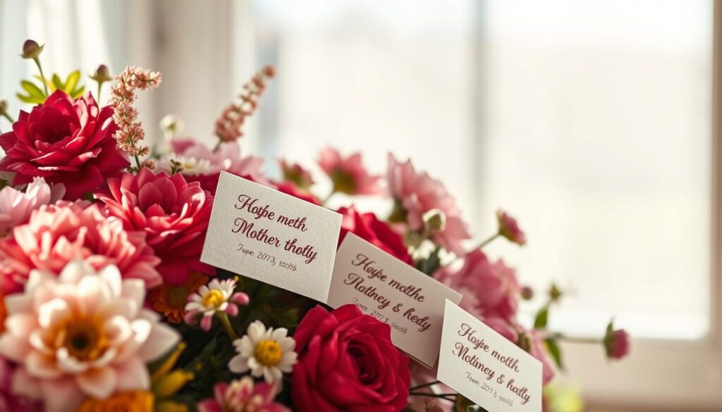 A cozy, sun-dappled scene featuring a striking floral display in the foreground, with short and succinct motherly sayings handwritten in an elegant script on delicate paper cards, gently cascading among the blooms. The middle ground showcases a tranquil, minimalist background, with soft lighting and warm tones creating a serene, intimate atmosphere. The overall composition evokes a sense of heartfelt appreciation and maternal love, perfectly capturing the essence of the "Kurze und prägnante Sprüche" section of the article.