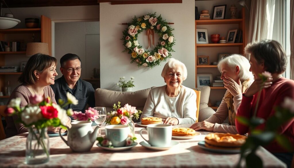 A cozy, sun-dappled scene of a traditional Muttertag celebration. In the foreground, a table adorned with handmade flower arrangements, homemade cakes, and a warm mug of tea. An elder woman, radiating joy, is seated at the table, surrounded by her family - her children and grandchildren gathered to honor her. In the middle ground, a beautiful floral wreath hangs on the wall, a symbol of the occasion. The background reveals a cozy, well-lit living room, with shelves filled with cherished family heirlooms and photographs. The overall mood is one of warmth, togetherness, and deep appreciation for the matriarch of the family. Soft, diffused lighting casts a gentle glow, heightening the sense of intimacy and timelessness.