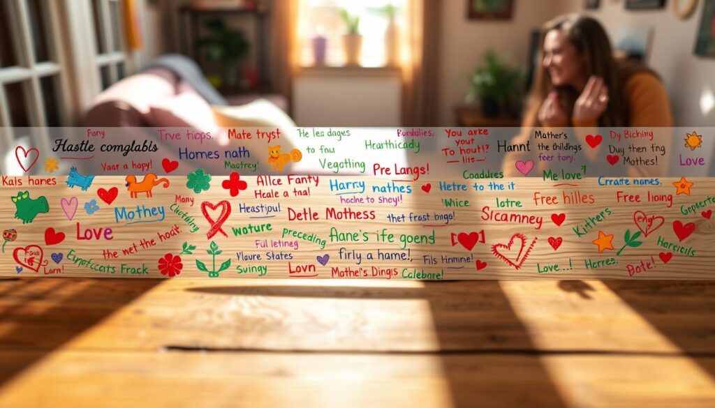A cozy, sun-dappled scene of colorful, handwritten children's phrases and doodles adorning a rustic wooden surface. In the foreground, a whimsical array of vibrant illustrations - playful animals, flowers, and shapes dance across the frame, captured through a soft, shallow depth of field. The middle ground features a scattering of endearing, heartfelt messages in a variety of playful fonts and scripts, conveying messages of love, appreciation, and humor suitable for a Mother's Day celebration. The background subtly hints at a warm, welcoming living space, with natural light filtering through a nearby window, casting a gentle glow over the heartwarming display. An intimate, joyful mood permeates the image, reflecting the cherished bond between children and their mothers.