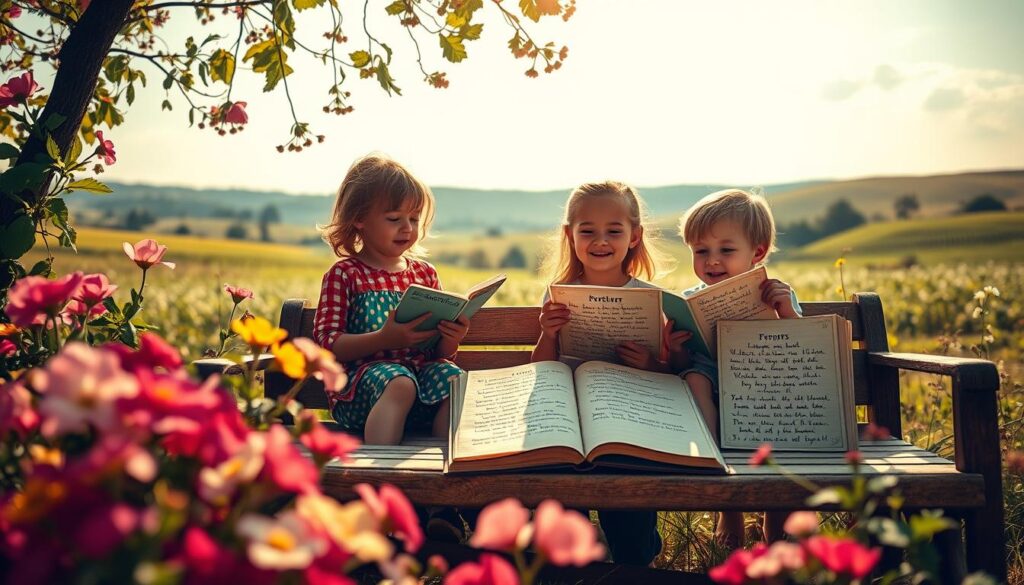 A cozy, sun-dappled scene unfolds, capturing the whimsical essence of "humorvolle Gedichte" (humorous poems). In the foreground, vibrant flowers bloom, their petals dancing in a gentle breeze. A warm, wooden bench invites the viewer to sit and immerse themselves in the charming verses scribbled on vintage-style notepads. In the middle ground, a pair of children, their faces alight with laughter, recite the poems aloud, their animated gestures bringing the words to life. The background is a serene, pastoral landscape, with rolling hills and a cloudless sky, creating a tranquil, inspirational atmosphere. Soft, diffused lighting casts a comforting glow, evoking a sense of nostalgia and whimsy.