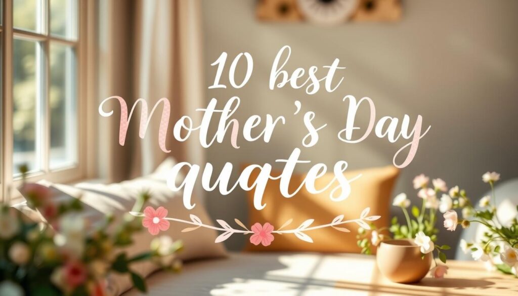 A cozy, sun-dappled scene with a charming, handwritten-style calligraphic text arrangement showcasing the "10 best Mother's Day quotes" in a natural, organic layout. The quotes are beautifully rendered in a soft, pastel color palette, complemented by a gentle floral border and accents. The overall atmosphere is warm, inviting, and reflective of the loving, heartfelt sentiment expressed in the text. The composition uses a shallow depth of field to gently blur the background, putting the focus on the elegant, handcrafted typography. Subtle lighting and camera angles create a sense of depth and dimension, elevating the artisanal, handmade quality of the design.