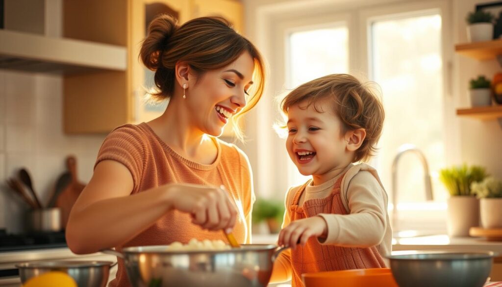 A cozy, sun-drenched kitchen scene, a mother playfully cooking alongside her young child, laughter filling the air. Warm lighting casts a golden glow, highlighting the joyful, lighthearted interactions between them. The child's face is animated, their eyes sparkling with delight as they assist their mother, creating a heartwarming moment of familial connection and the deep well of humor that sustains the bonds of motherhood. The background blurs softly, keeping the focus on this tender, comedic exchange, a reflection of the levity and mirth that can be found in the daily rituals of raising a child.