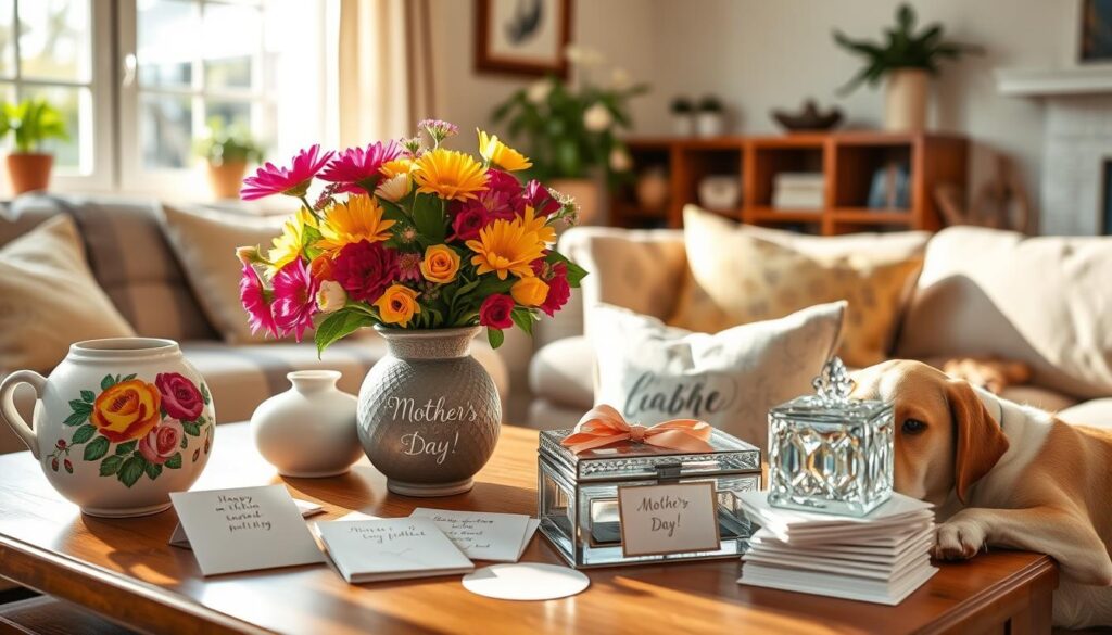 A cozy, sun-drenched living room on a spring day, with a wooden table at the center adorned with a vibrant bouquet of fresh flowers, surrounded by an assortment of thoughtful Mother's Day gifts - a hand-painted ceramic vase, a plush throw pillow embroidered with a heartfelt message, a sparkling crystal trinket box, and a stack of handwritten cards with sentimental notes. Soft, warm lighting filters through the windows, creating a serene and inviting atmosphere, as a well-loved family pet lounges nearby, a gentle reminder of the love and joy that permeates the scene. The overall composition exudes a sense of care, appreciation, and the special bond between mother and child.