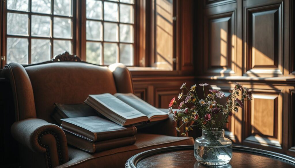 A cozy, sun-lit study with ornate wood-paneled walls. On a well-worn armchair, a collection of classic poetry books rests, their leather-bound covers weathered by time. Soft natural light filters through a large window, casting a warm glow on the scene. In the foreground, a delicate vase of freshly picked wildflowers sits atop an antique side table, their vibrant colors complementing the muted tones of the room. The overall atmosphere is one of tranquility and timeless elegance, inviting the viewer to curl up and lose themselves in the timeless words of the poets within.