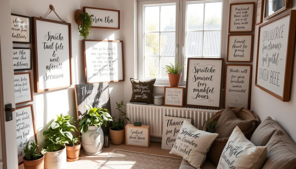 A cozy, sunlit corner of a home filled with hand-lettered signs and framed artwork, each bearing an inspirational phrase or heartfelt message. Elegant calligraphy in muted, earthy tones adorns the walls, complemented by potted plants and scattered decorative elements. A sense of warmth, gratitude, and thoughtfulness permeates the scene, inviting the viewer to pause and reflect on the meaningful words displayed. The composition is balanced and visually appealing, with a focus on the beautifully crafted "Sprüche für jeden Anlass" that serve as the centerpiece of this serene, personalized space.