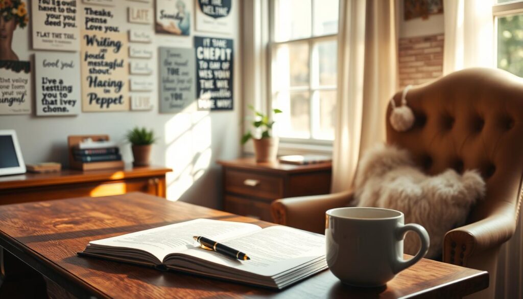 A cozy, sunlit home office with a wooden desk and plush chair. On the desk, an open notebook with a pen resting on its pages, hinting at the act of writing. In the foreground, a mug of steaming tea and a small potted plant, creating a warm, creative atmosphere. The walls display a collage of inspirational quotes and personal affirmations, reflecting the act of crafting heartfelt messages. Soft, diffused lighting from a nearby window casts a gentle glow, inviting the viewer to sit down and begin their own thoughtful writing process.