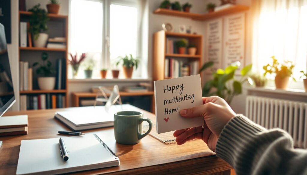 A cozy, sunlit home office with a wooden desk and shelves filled with books and potted plants. On the desk, a notebook and pen lie next to a mug of steaming tea. The walls are adorned with carefully handwritten inspirational quotes and poems, reflecting the thoughtful, personal nature of the scene. The soft, warm lighting casts a gentle glow, creating an atmosphere of creativity and contemplation. In the foreground, a skilled hand carefully crafts a unique Muttertag greeting card, capturing the essence of heartfelt, homemade sentiments.