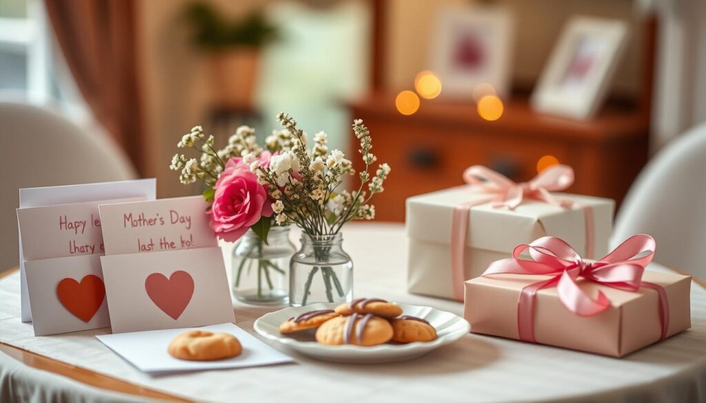 A cozy table filled with a variety of homemade gifts for Mother's Day - handmade greeting cards, freshly baked cookies, a small bouquet of wildflowers, and a beautifully wrapped present. The scene is bathed in warm, soft lighting, creating a inviting, heartfelt atmosphere. The foreground features the gifts arranged artfully, with the middle ground showcasing a simple, elegant table setting. The background blurs softly, placing the focus on the thoughtful, last-minute offerings. Captured with a shallow depth of field and a slightly tilted, intimate angle to convey the sincere, personal nature of the scene.