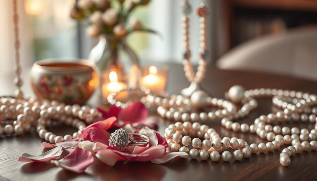 A cozy table filled with an array of handcrafted pearl jewelry and accessories. Delicate strings of pearls draped gracefully, shimmering under warm, diffused lighting that casts a soft, inviting glow. In the foreground, a pearl-encrusted ring and bracelet nestled among petals, hinting at thoughtful, personalized creations. The middle ground showcases an elegant pearl necklace and earrings, while the background blurs to reveal a tranquil, serene atmosphere, perfect for presenting these one-of-a-kind, heartfelt gifts.