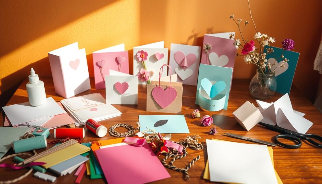 A cozy table with homemade Mother's Day cards displayed. In the foreground, a variety of DIY craft supplies like colorful paper, glue, scissors, and decorative elements like ribbons and dried flowers. The middle ground shows several handcrafted cards in different styles - simple folded cards, pop-up cards, and cards with intricate origami shapes. A warm, natural lighting illuminates the scene, casting soft shadows and highlighting the textures of the materials. The background features a warm, neutral-toned wall, creating a serene and inviting atmosphere suitable for a DIY craft project. The overall mood is one of thoughtfulness, creativity, and celebration of motherhood.