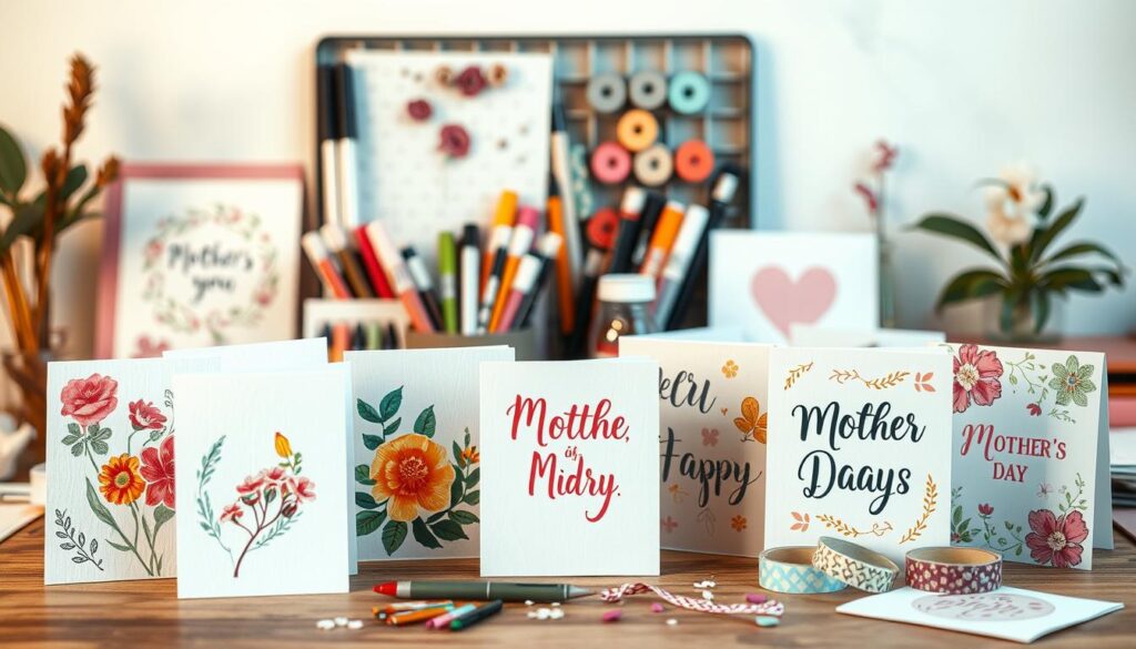 A cozy tabletop scene filled with a variety of handmade Mother's Day cards and craft supplies. In the foreground, an array of colorful, textured cards with floral, abstract, and typographic designs stand upright, showcasing creative DIY ideas. In the middle ground, an assortment of calligraphy pens, washi tapes, glitters, and other decorative elements are arranged artfully. The background features a soft, warm lighting that casts a gentle glow, highlighting the tactile nature of the materials. The overall mood is whimsical, inspiring, and celebrates the joy of crafting personalized Mother's Day greetings.