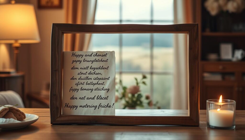A cozy, warm-lit interior setting with a rustic, handcrafted wooden frame in the foreground, showcasing a series of short, heartfelt Mother's Day messages elegantly calligraphed on delicate parchment paper. Soft, diffused lighting casts a gentle glow, creating an intimate, inviting atmosphere. The middle ground features a serene floral arrangement, a subtle nod to the nurturing spirit of motherhood. In the background, a blurred, but soothing natural landscape provides a calming visual counterpoint, conveying a sense of tranquility and reflection. The overall composition exudes a harmonious, sentimental mood, perfectly encapsulating the essence of "Kurze und prägnante Grüße" for Mother's Day.