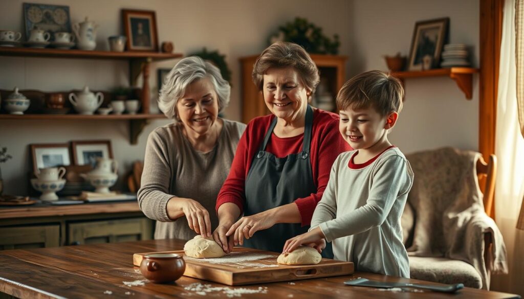 A cozy, warm-lit kitchen, filled with the aroma of freshly baked treats. In the foreground, a grandmother and her grandchild stand side by side, kneading dough on a well-worn wooden table. The grandmother, her face radiant with a welcoming smile, guides the child's hands, teaching the time-honored traditions of baking. In the background, a shelf displays an array of family heirlooms - antique teacups, framed photographs, and a handmade quilt draped over a chair. The soft glow of a nearby window bathes the scene in a golden light, creating a sense of timeless, cherished moments between generations. The atmosphere exudes a feeling of deep-rooted familial bonds and the enduring legacy of Muttertagstraditionen.