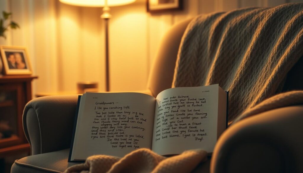 A cozy, warm-lit living room interior with a comfortable armchair and soft blanket. On the seat, an open book rests, its pages revealing handwritten, emotional phrases for grandmothers. Framed photographs of family members line the walls, creating a sense of familial love and connection. The lighting is soft and gentle, casting a golden glow over the scene. The overall atmosphere is one of comfort, nostalgia, and genuine affection.