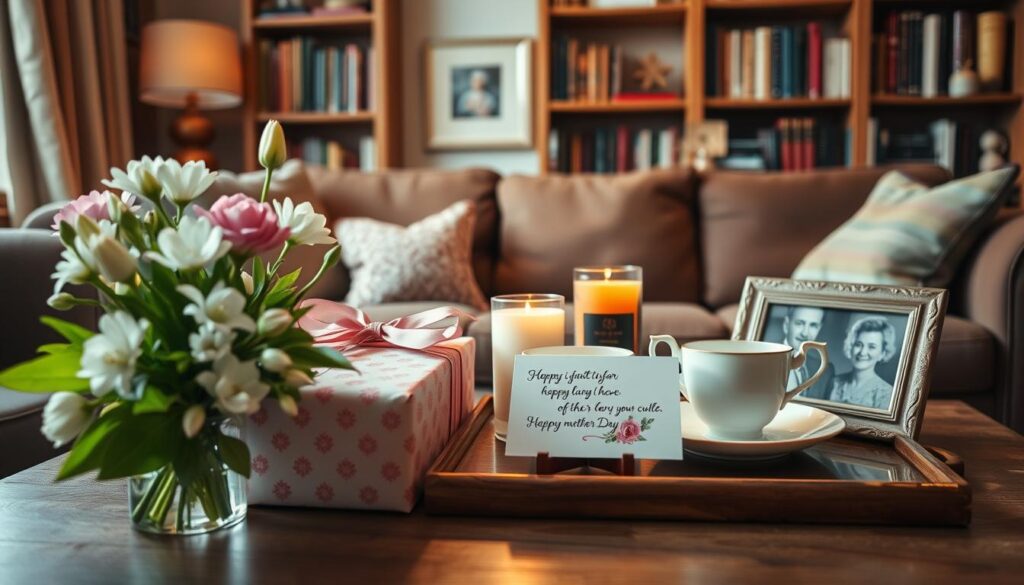 A cozy, warm-lit living room scene featuring an assortment of thoughtful Mother's Day gift ideas artfully arranged on a wooden table. In the foreground, a bouquet of fresh spring flowers, a beautifully wrapped gift box, and a handmade card with a heartfelt message. In the middle ground, a vintage-inspired teacup and saucer set, a scented candle, and a framed family photo. The background shows a bookshelf filled with novels and personal keepsakes, creating a sense of comfort and intimacy. The overall atmosphere is one of love, appreciation, and thoughtfulness, perfectly capturing the spirit of celebrating mothers.