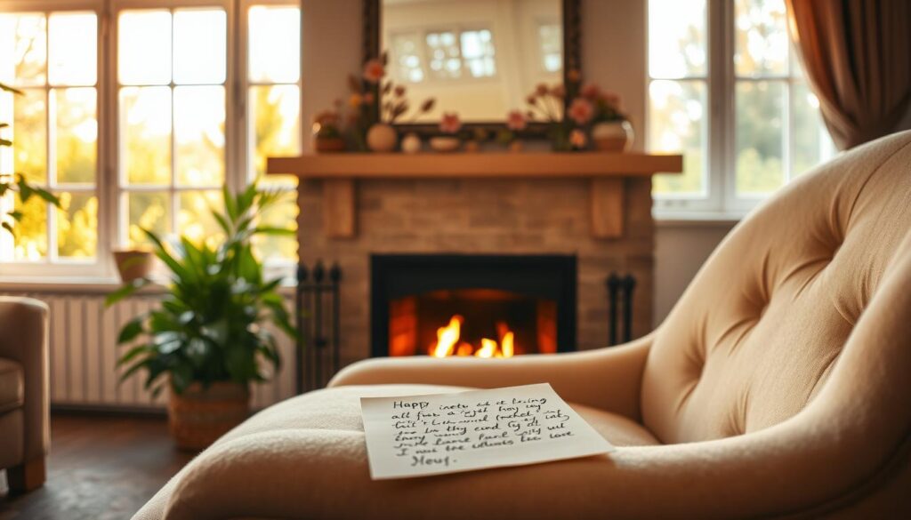 A cozy, warm-lit living room scene, with a soft, plush armchair in the foreground, upon which lies a handwritten note. Handcrafted, delicate paper leaves and flowers adorn the mantelpiece above a crackling fireplace in the middle ground, casting a gentle glow. Through a large window in the background, a lush garden fills the frame, bathed in the golden light of a spring afternoon. The overall atmosphere is one of thoughtfulness, appreciation, and the tender power of heartfelt words.