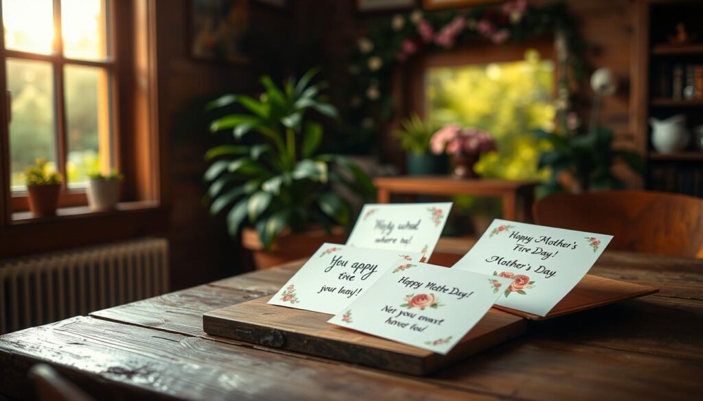 A cozy, warm-lit room with a rustic wooden table in the foreground. Placed atop the table are several handwritten greeting cards, their surfaces adorned with heartfelt messages, delicate floral patterns, and personal touches. In the background, a window offers a glimpse of a lush, sun-dappled garden, creating a serene, inviting atmosphere. The lighting is soft and ambient, casting a gentle glow over the scene, emphasizing the care and attention poured into the creation of these meaningful Mother's Day cards.