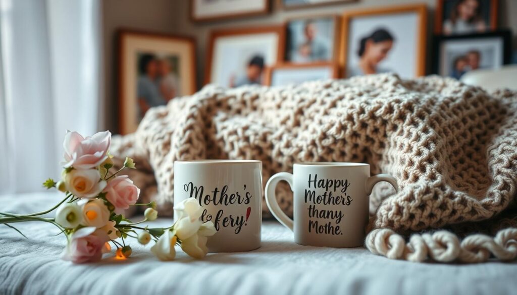 A cozy, warm-lit scene of a thoughtfully curated selection of meaningful Mother's Day gifts, each one carefully chosen to represent the love and appreciation the giver feels. In the foreground, a delicate floral arrangement in soft pastel hues, its petals gently illuminated. Alongside, a handcrafted ceramic mug, its surface adorned with a heartfelt message. In the middle ground, a soft, knitted throw in muted earth tones, its texture inviting a comforting embrace. In the background, a collection of sentimental framed photos, each capturing a cherished memory. The overall mood is one of intimacy, gratitude, and the heartfelt connection between a mother and child.