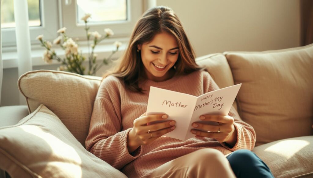 A cozy, warm-toned interior scene featuring a mother figure sitting on a comfortable couch, reading a handwritten card with a heartfelt message. Soft, natural lighting filters through a window, casting a gentle glow on the pair. The mother's expression is one of joy and appreciation, as she cherishes the thoughtful Mother's Day greeting from her child. In the background, subtle floral or plant elements add a touch of nature, complementing the serene, familial atmosphere. The overall composition conveys the deep significance and emotional resonance of a mother's day celebration.