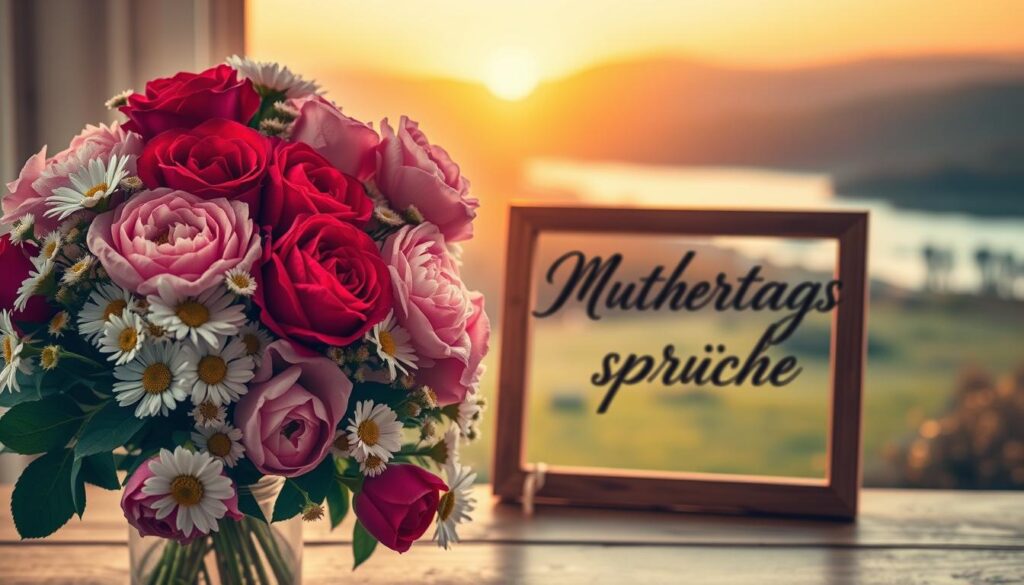 A cozy, warm-toned scene with a beautiful floral bouquet in the foreground, composed of vibrant red roses, soft pink peonies, and delicate white daisies. In the middle ground, a wooden frame with an elegant calligraphic message reading "Muttertagssprüche" (Mother's Day sayings) in a handwritten script. The background features a blurred, dreamy landscape with rolling hills, a serene lake, and a picturesque sunset casting a golden glow over the entire composition. The lighting is soft and diffused, creating a sense of intimacy and nostalgia. The overall mood is one of appreciation, love, and gratitude.