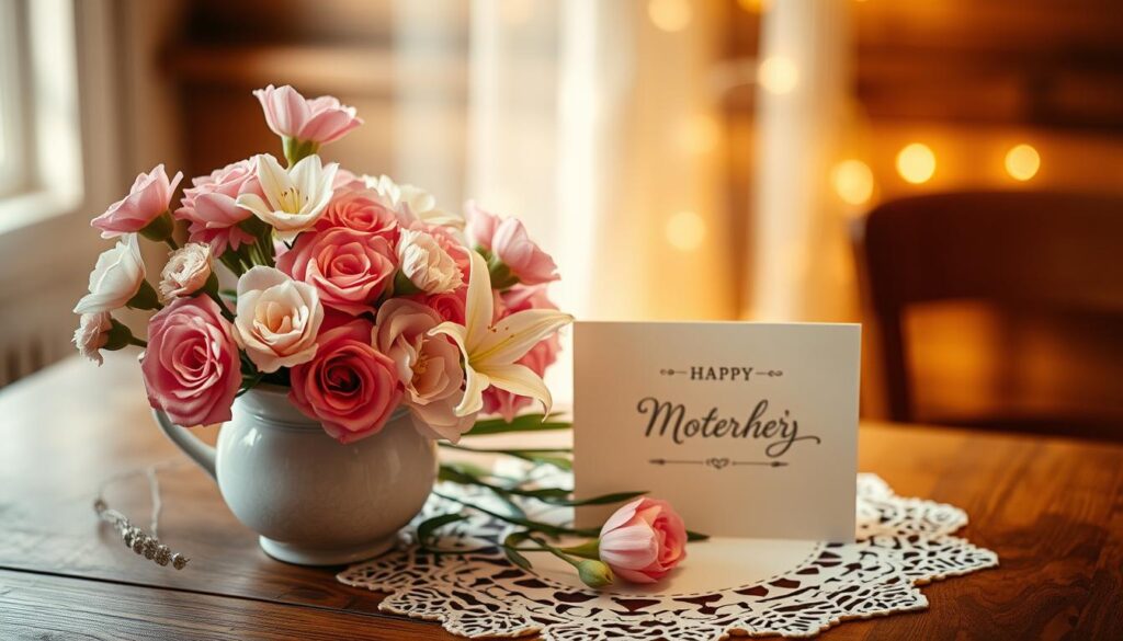 A cozy, warm-toned still life depicting popular Mother's Day symbols. In the foreground, a bouquet of delicate carnations, roses, and lilies in shades of pink and white, artfully arranged in a vintage ceramic vase. In the middle ground, a handwritten Mother's Day card with an elegant calligraphic script rests against a lace doily. The background features a wooden table with a soft, golden glow from gentle, diffused lighting, evoking a sense of comfort and appreciation. The overall scene radiates a heartfelt, sentimental atmosphere, perfectly capturing the essence of Mother's Day. A cozy, warm-toned still life depicting popular Mother's Day symbols. In the foreground, a bouquet of delicate carnations, roses, and lilies in shades of pink and white, artfully arranged in a vintage ceramic vase. In the middle ground, a handwritten Mother's Day card with an elegant calligraphic script rests against a lace doily. The background features a wooden table with a soft, golden glow from gentle, diffused lighting, evoking a sense of comfort and appreciation. The overall scene radiates a heartfelt, sentimental atmosphere, perfectly capturing the essence of Mother's Day.