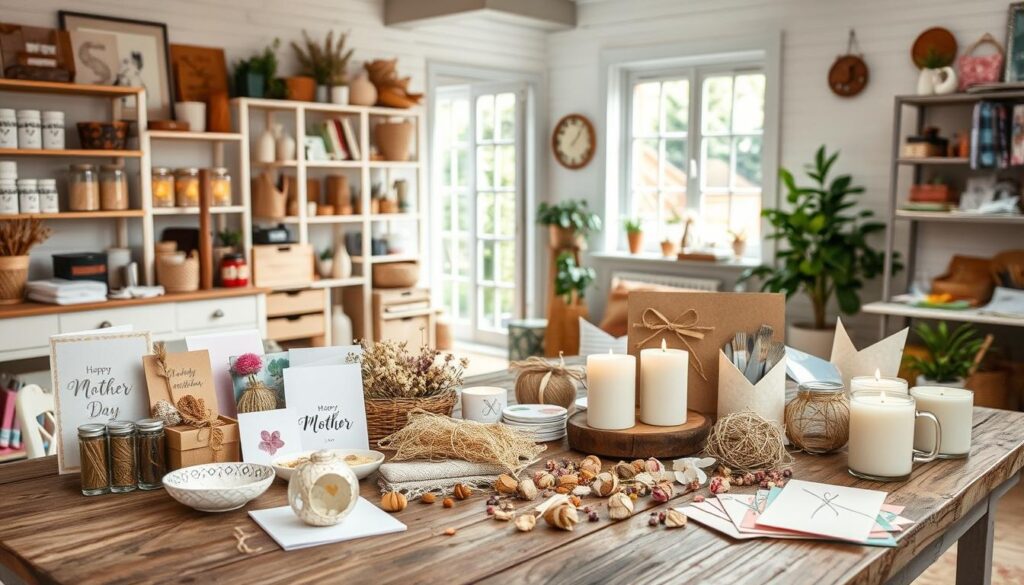 A cozy, well-lit DIY craft studio filled with an assortment of handmade Mother's Day gifts. In the foreground, an array of homemade cards, trinket dishes, and scented candles adorn a rustic wooden table. Midground, a collection of natural materials like dried flowers, twine, and colored papers sit ready to be transformed into personalized presents. The background features a bright, airy space with whitewashed walls, shelves stocked with craft supplies, and a large window overlooking a lush garden. The overall atmosphere conveys a sense of warmth, creativity, and thoughtfulness, perfectly suited for crafting unique, heartfelt gifts for Mother's Day.